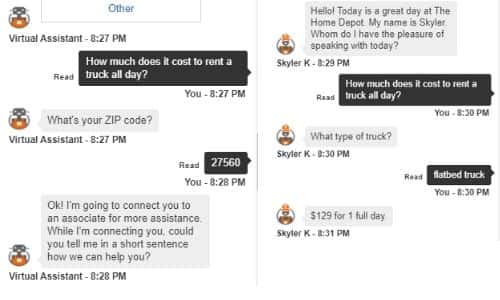 Transcript of my chat with an online customer representative at Home Depot.