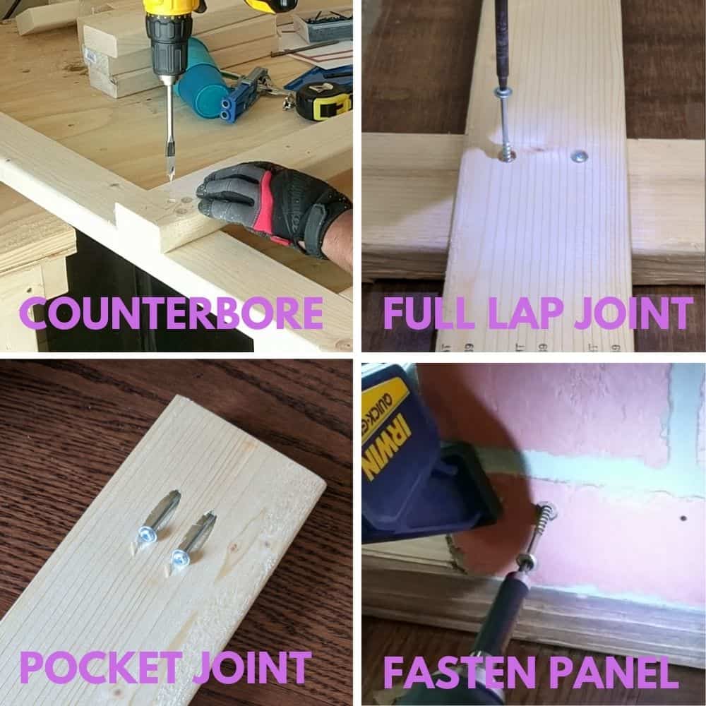Info on different joints used in this project. All screws were round-head washer screws. Countersink holes were drilled using a spade bit (top left). The 2x4s were joined to each other with full lap joints (top right) and pocket joints (bottom left). The wall panels were joined to the 2x4s (bottom right) with 1 1/4" screws.