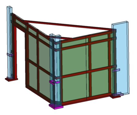 Snapshot of the 3D model of the wall I created. The model has 2x4s, wall panels, pillars, chair rails, and baseboards.