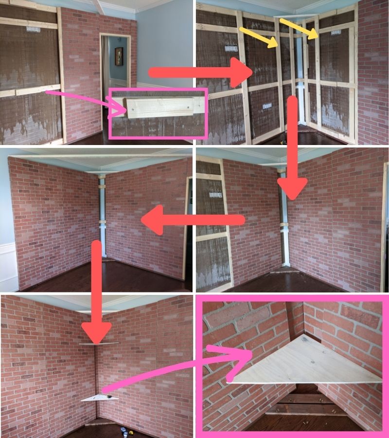 Top left: adding more wall paneling and 2x4 pieces. The 2x4 pieces would provide additional locations to screw in the wall panels. Top right: adding a couple of additional vertical bars near the corner of the wall to support a corner shelf. Middle right: adding more wall panels. Middle left: adding more wall panels. Bottom left: adding sections of a 2'x2' plywood board as corner shelving. These corner shelving pieces were attached to the wall with pocket joints.