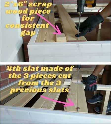 Installing the 1" x 6" Tongue and Groove board slats on the bed frame. Top panel shows the use of scrap wood to get consistent gap between slats. The bottom panel highlights that every 4th slat was made of the 3 pieces cut off from the 3 previous slats, to save material and keep expenses down.