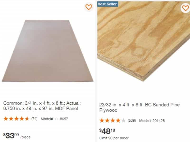 Price of MDF vs plywood. On the left is the price of a 4' x 8', 3/4" thick MDF panel commonly found in big-box stores. On the right is a BC-grade sanded plywood panel of the same dimensions. The plywood panel is 40% more expensive than the MDF panel.