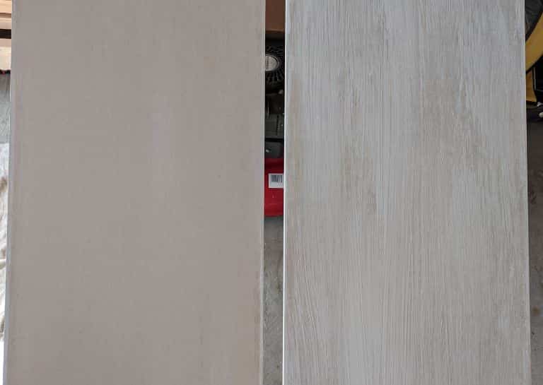 On the left is a 3/4" thick MDF board after 1 coat of stain. MDF soaks up stain like a sponge. On the right is the same type of board after 3 coats of stain. The stain used here is Varathane Antique White. While MDF can be stained as proved here, it's not the best way to finish MDF.