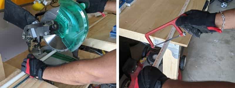 I used miter saw (left) or a hand saw (right) to cut each 10' PVC pipe into 3 pieces