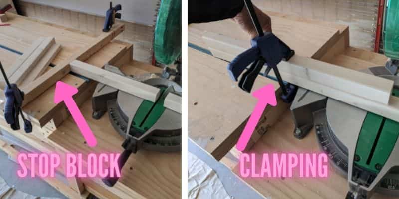 To get consistent cuts, use a stop block (left panel) or clamping of a cut piece to uncut lumber (right panel). The clamping technique maybe easier if you only need 2 pieces of the same length cut.