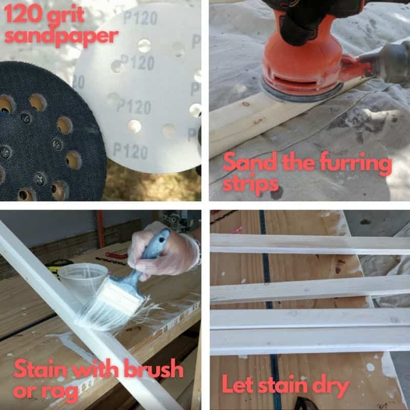 Using a 120-grit sandpaper and orbital sander (top left), sand the 2" x 2" furring strips (top right). Then apply the white stain to the 2" x 2"s and 1" x 2"s using a brush or rag (bottom left). Let the stained boards dry (bottom right).