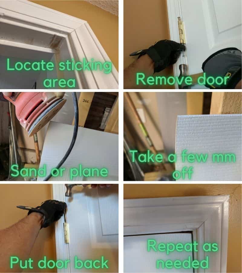 How to fix a door sticking to the frame. Locate and mark the are of the door that sticks, remove the door by taking the hinge pins off, sand or plane a few millimeters of materials off the marked area, put the door back on the hinges, test if it still sticks, and repeat the process if needed.