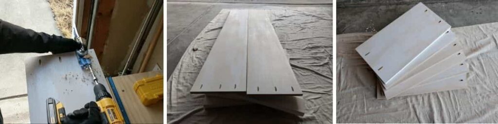 Left panel: Using a Kreg jig to drill pocket holes on MDF pieces. Middle panel: The 3 pocket holes at one end of each of the 2 vertical MDF pieces. Right panel:  The 2 pocket holes on both ends of one side of each of the horizontal MDF pieces.  
