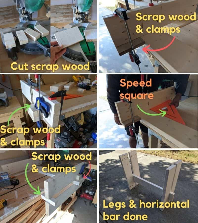 Attaching the 4 leg pieces to the horizontal bar. Top left: cutting scrap wood pieces on my miter saw. Top right, middle left, middle right, and bottom left: using a combination of scrap wood pieces and clamps to hold the leg pieces in place as the pocket screws were tightened. For example, the top right panel shows one scrap wood piece cut to length being used to make sure that the horizontal bar was at the correct distance from the bottoms of the legs. A 12" speed square (middle right panel) was used to ensure the legs were perpendicular to the horizontal bar. Bottom right: the 4 leg pieces attached correctly to the horizontal bar. 